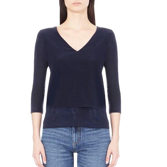 SANDRO Trilce Layered Linen and Silk V-neck Top in Black 3/4 Sleeve - Picture 1 of 9